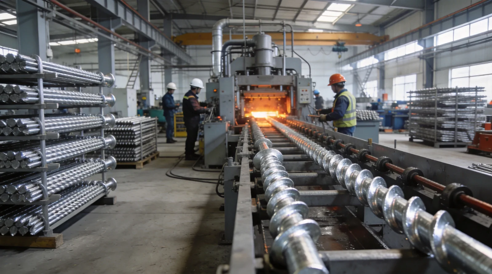 Workers installing solar ground screws on site using hydraulic machine